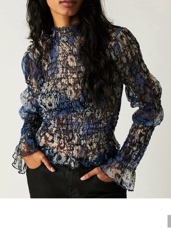 Free People Tops - Free People Hello There Top Blouse Smocked Flare Sleeve Mesh Floral Blue M